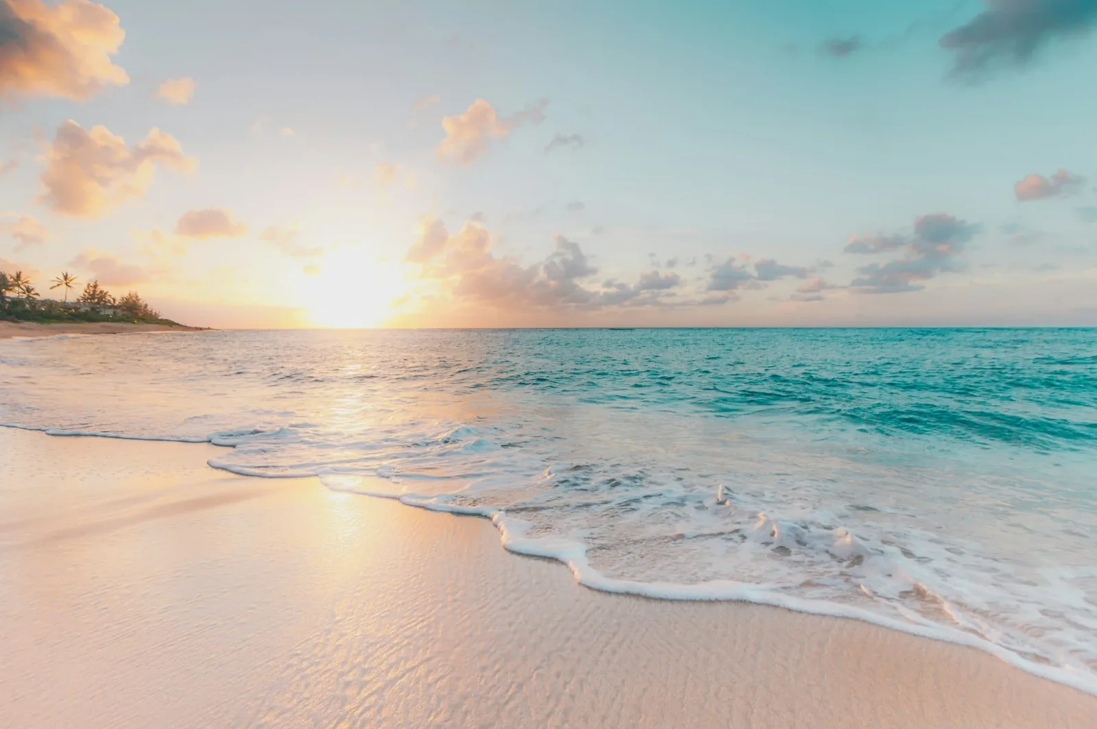 A quiet shoreline at first light, foam unlacing across wet sand as the water shades from glass-green to teal toward the open horizon