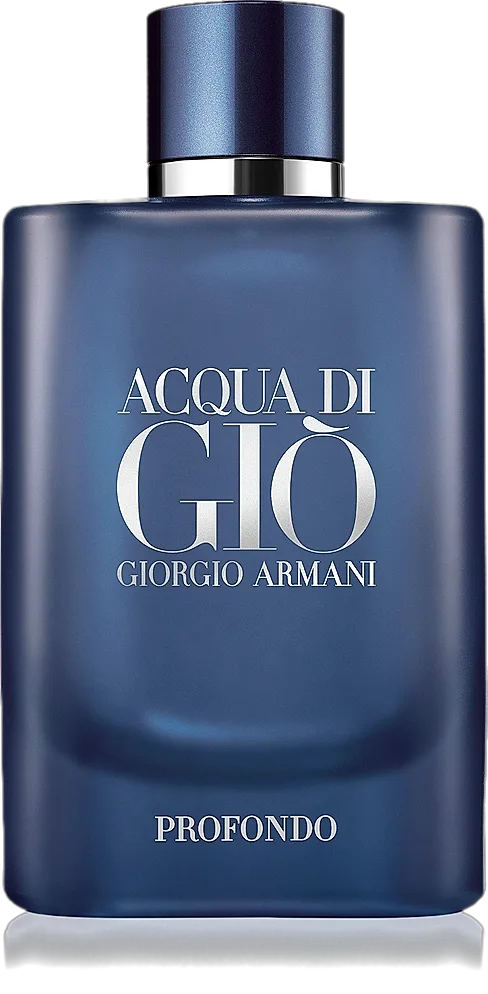 The frosted indigo flacon, its deep navy cap over a slim silver collar, ACQUA DI GIÒ traced in pale silver across the glass and PROFONDO resting quietly at its base
