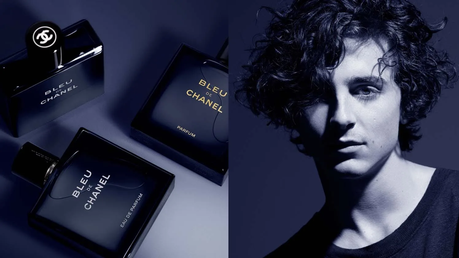 Three midnight-blue flacons lie tilted on a slate-violet ground while Timothée Chalamet's face emerges half-lit from the same indigo darkness