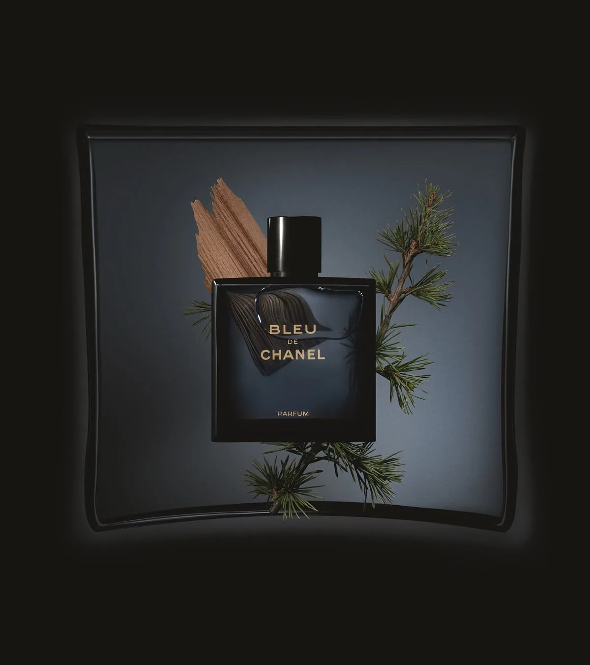 The square blue flacon resting on a dark lacquered tray, a shaving of sandalwood and a sprig of cedar behind it, everything dissolving into black