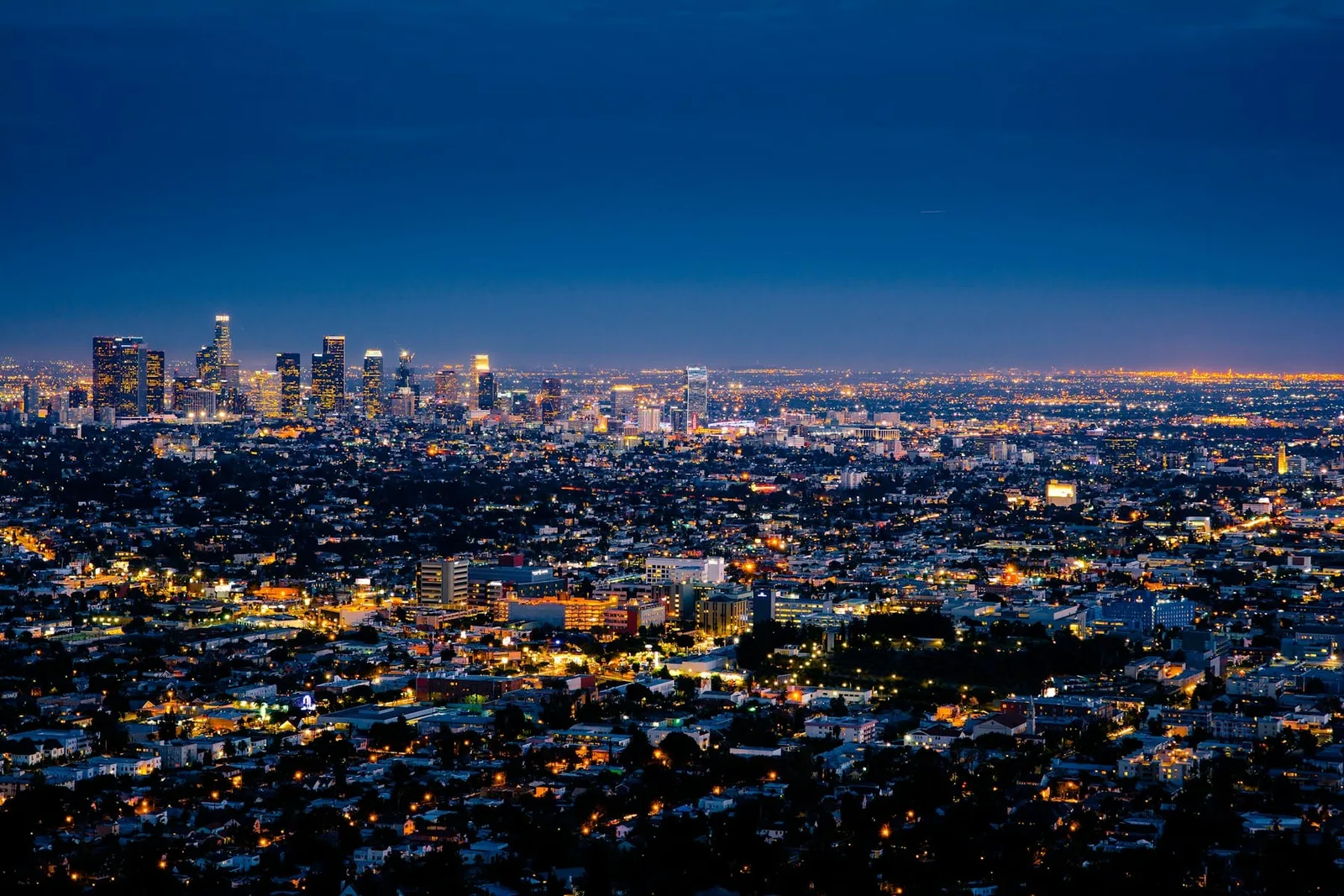A city at blue hour seen from above — ten thousand amber lights burning through the dusk while the sky settles into deep marine darkness