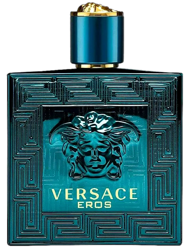 The turquoise flacon of Versace Eros, its glass cut with a Greek-key relief around a darkened Medusa, the gold-crowned cap catching the light
