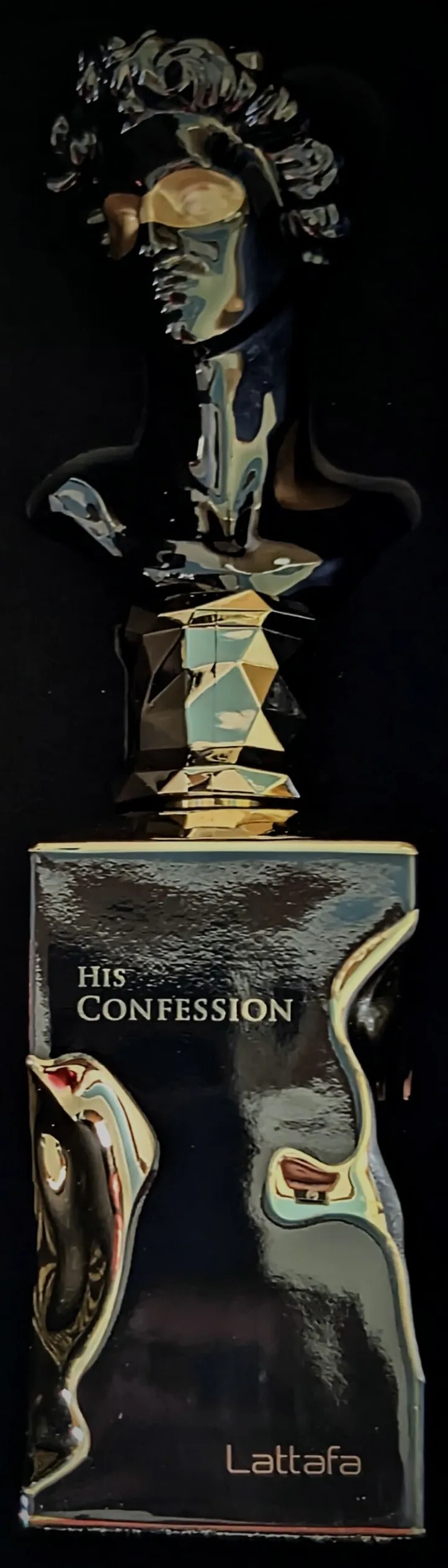 The His Confession bottle — a glossy black David bust with a gold blindfold and faceted collar on a black base