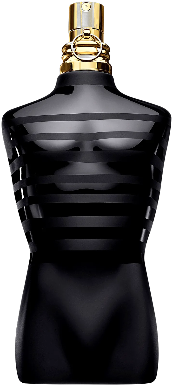 The sailor's torso recast in midnight glass — matte stripes banding a gloss-black chest, the gold pump and ringed collar rising from its shoulders like a decoration earned at sea