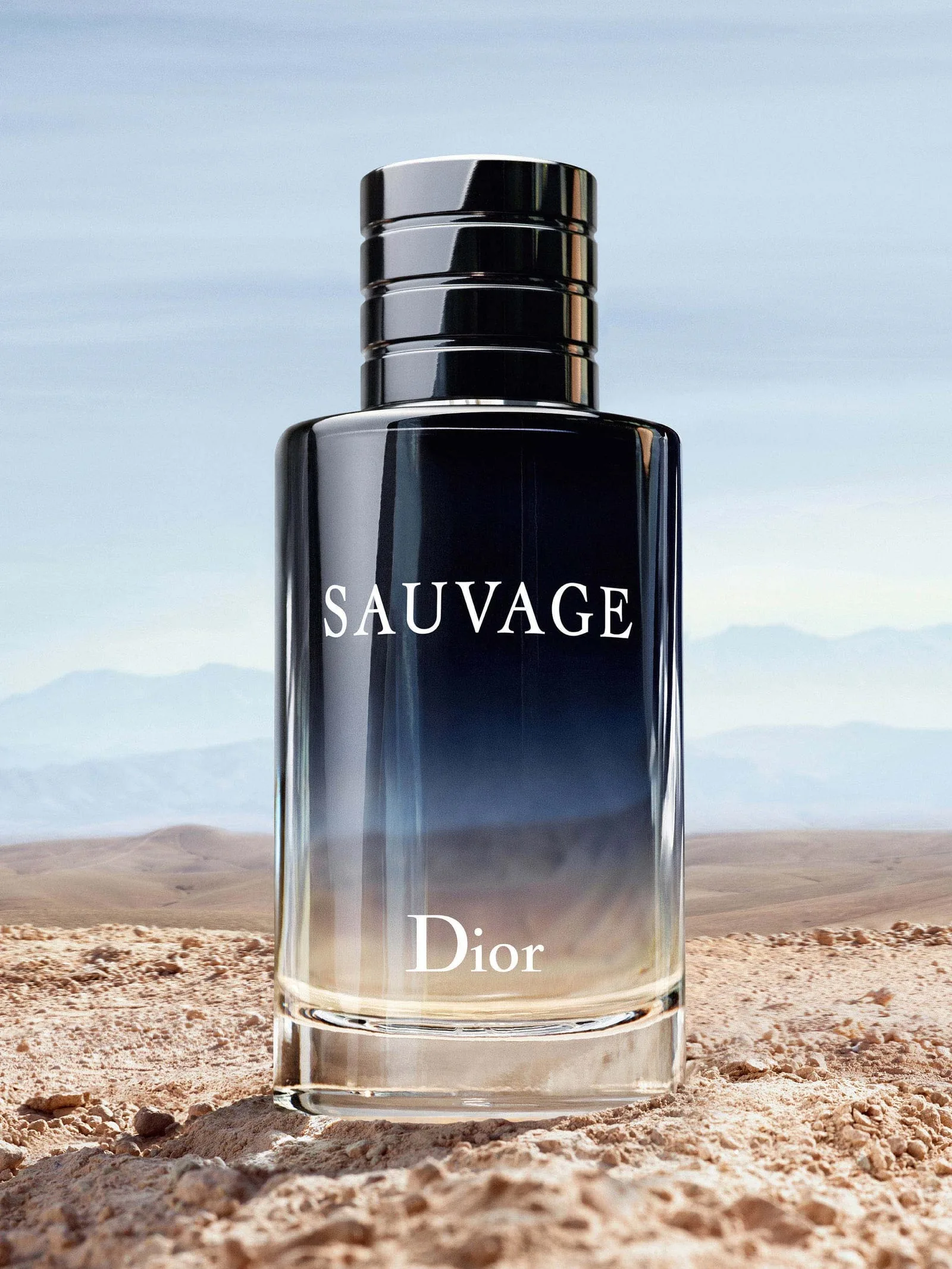 The Sauvage flacon stands alone on cracked desert earth, its blue-black gradient dissolving into clear glass against a haze of pale mountains