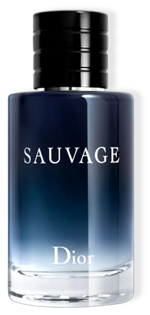 The Sauvage flacon in deep gradient blue, night pooling at its shoulders, the ribbed black cap resting above a thin band of cool silver